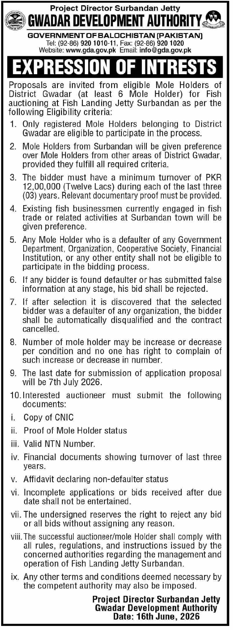 EOI - Fish Auctioning at Fish Landing Jetty Surbandan - GDA - Gwadar Development Authority (GDA)