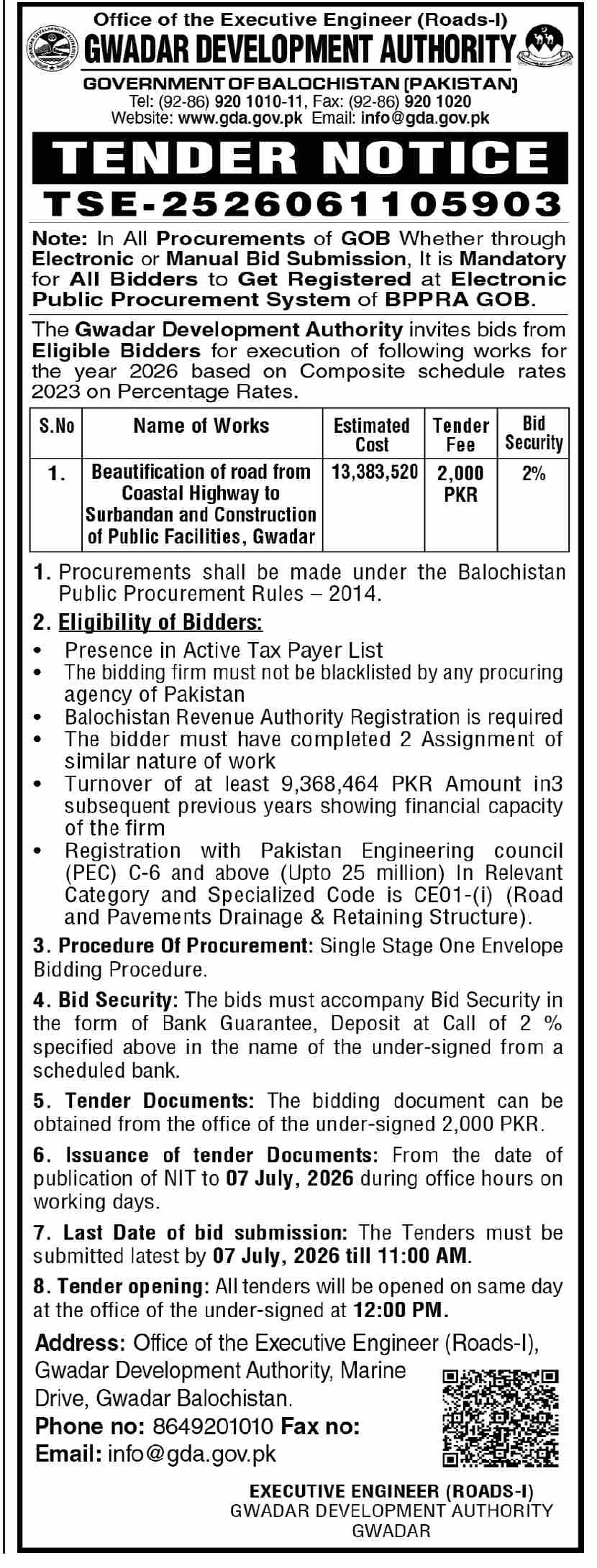 Beautification of Road Coastal Highway to Surbandan & Construction of Public Facilities - GDA - Gwadar Development Authority (GDA)