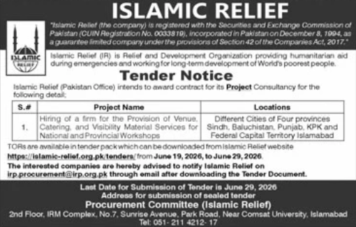 Tender Notice - Project Consultancy for Provision of Venue, Catering, and Visibility Material Services - Islamic Relief Pakistan - Islamic Relief Pakistan