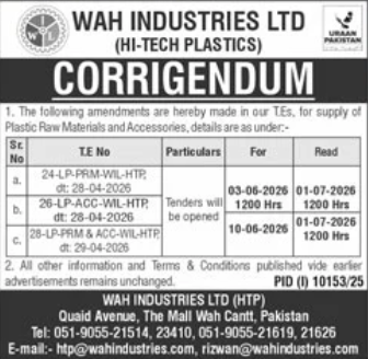 Corrigendum - Supply of Plastic Raw Materials and Accessories - WAH Industries Ltd (HTP) - WAH Industries Ltd (HTP)