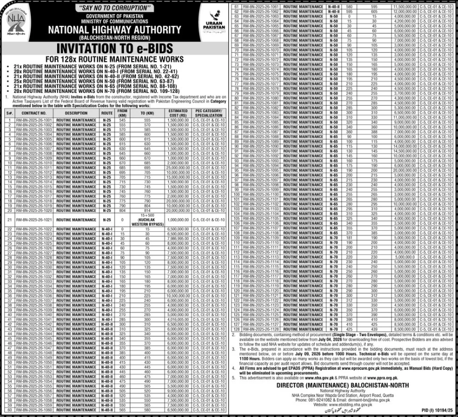 Invitation to e-Bids for 128x Routine Maintenance Works on N-25, N-40-I, N-50, N-65, N-70 - NHA Balochistan-North Region - National Highway Authority (NHA)