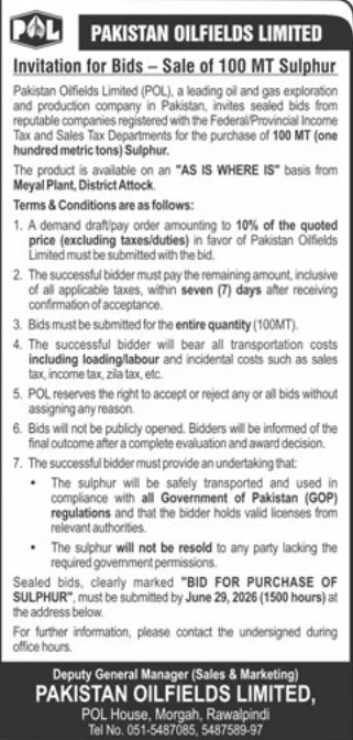 Invitation for Bids - Sale of 100 MT Sulphur - Pakistan Oilfields Limited - Pakistan Oilfields Limited (POL)