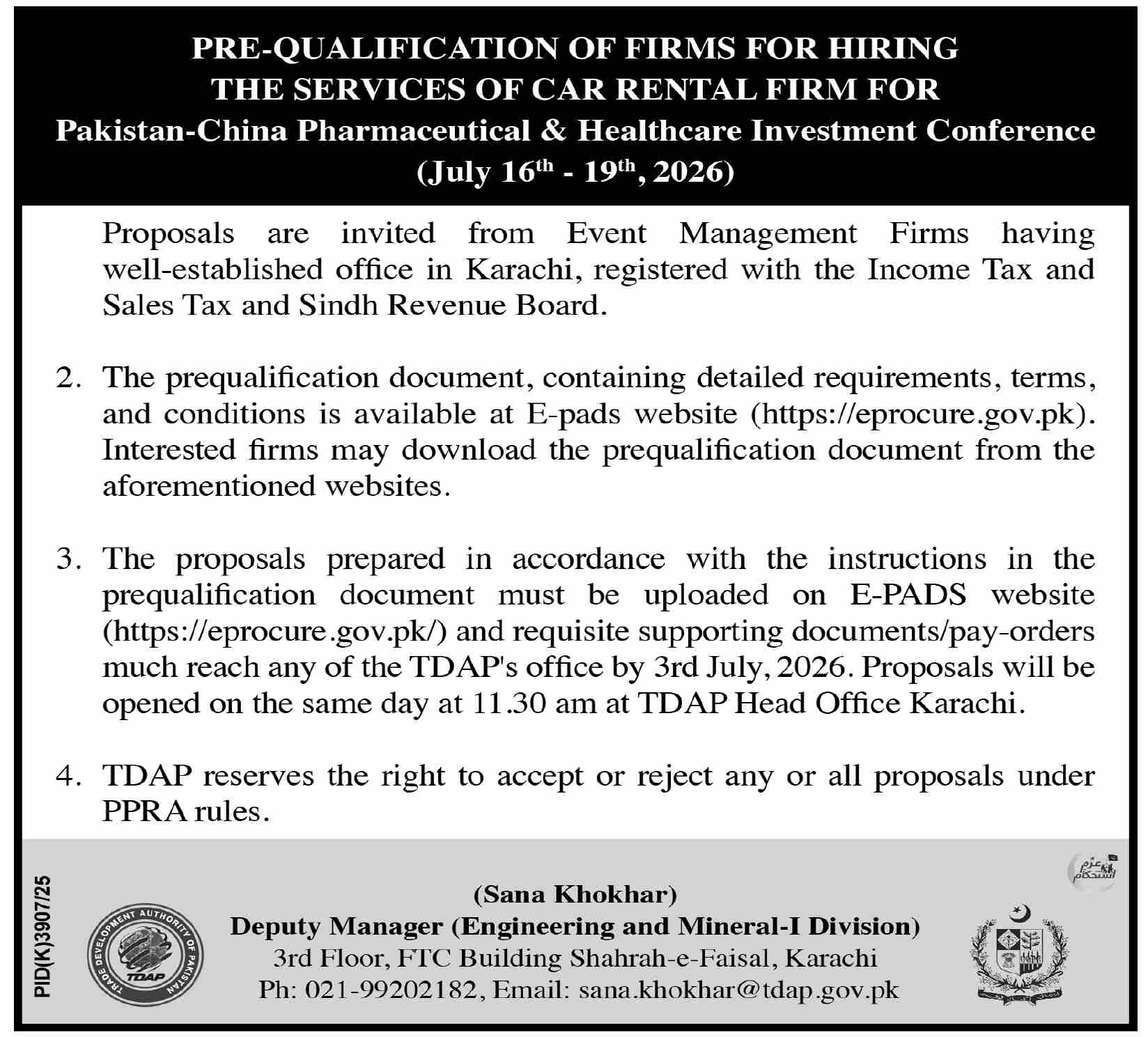 PRE-QUALIFICATION OF FIRMS FOR HIRING THE SERVICES OF CAR RENTAL FIRM FOR Pakistan-China Pharmaceutical & Healthcare Investment Conference (July 16th - 19th, 2026) - TDAP - Trade Development Authority of Pakistan (TDAP)