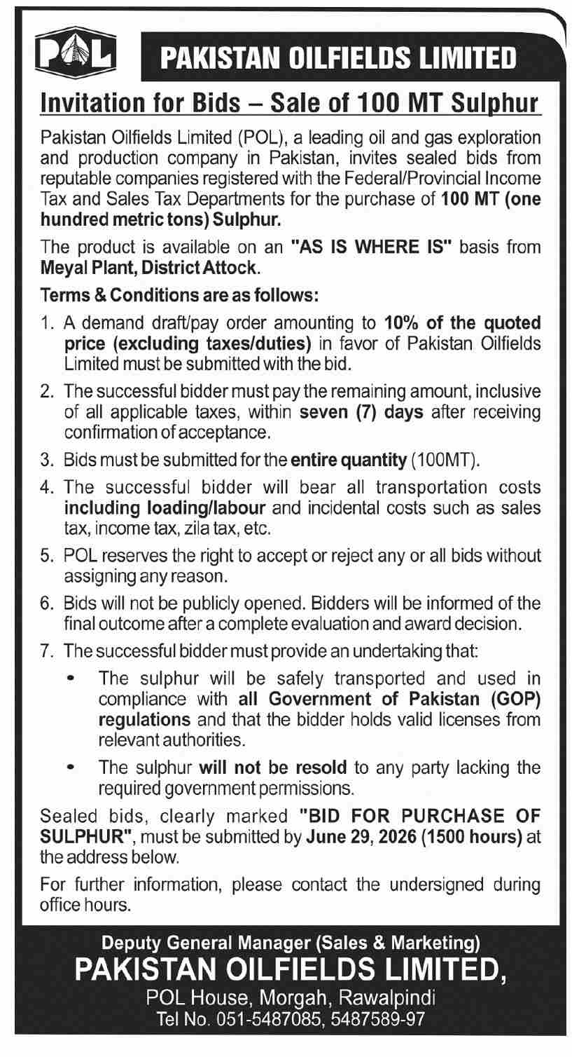 Invitation for Bids - Sale of 100 MT Sulphur - Pakistan Oilfields Limited - Pakistan Oilfields Limited (POL)
