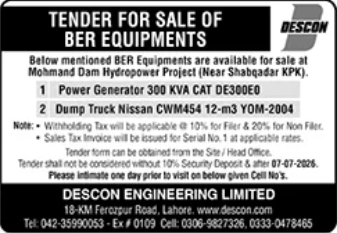 Tender for Sale of BER Equipments - Power Generator 300 KVA CAT DE300E0, Dump Truck Nissan CWM454 12-m3 - DESCON Engineering Limited - DESCON Engineering Limited