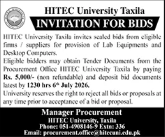 Invitation for Bids - Provision of Lab Equipments and Desktop Computers - HITEC University Taxila - HITEC University Taxila