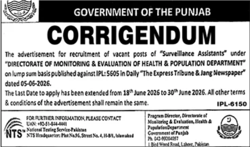 Corrigendum - Recruitment of Surveillance Assistants under Directorate of Monitoring & Evaluation Health & Population Department - Government of Punjab - Government of Punjab - Health & Population Department