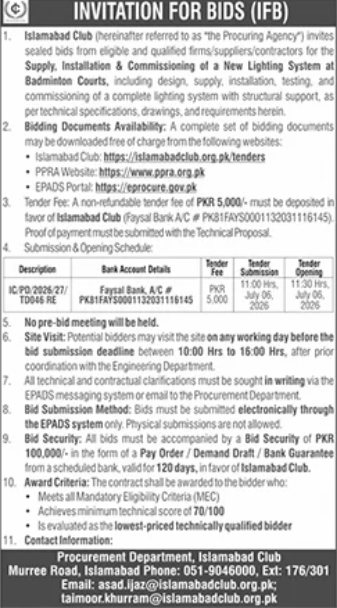 Invitation for Bids (IFB) - Supply, Installation & Commissioning of a New Lighting System at Badminton Courts - Islamabad Club - Islamabad Club