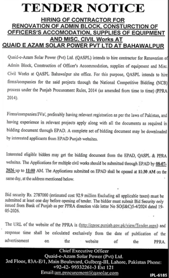 Tender Notice - Hiring of Contractor for Renovation of Admin Block, Construction of Officers Accommodation, Supplies of Equipment and Misc Civil Works - Quaid e Azam Solar Power Pvt Ltd Bahawalpur - Quaid-e-Azam Solar Power Pvt Ltd (QASPL)