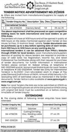 Tender Notice Advertisement No. 27/2026 - Factory Bend, Odorizer, Cutting/Grinding Discs, Wireless HART, Petroleum Coke - SNGPL + Extensions - Sui Northern Gas Pipelines Limited (SNGPL)