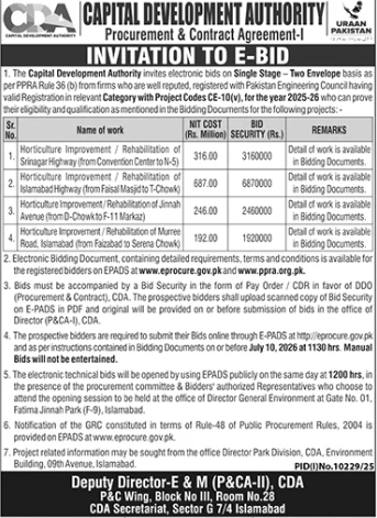 Invitation to E-Bid - 4x Horticulture Improvement / Rehabilitation Works at Srinagar Highway, Islamabad Highway, Jinnah Avenue, Murree Road - CDA - Capital Development Authority (CDA)