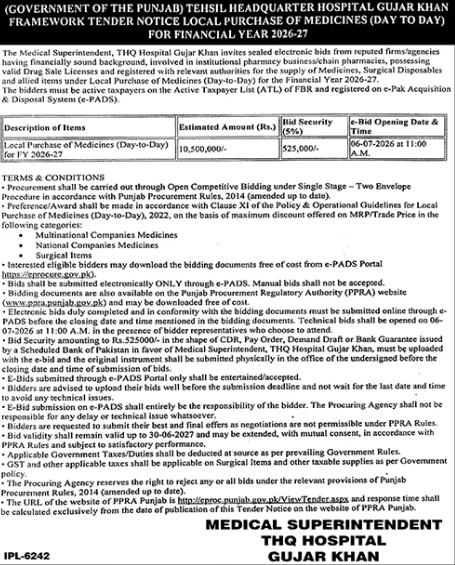 Framework Tender Notice - Local Purchase of Medicines (Day to Day) for Financial Year 2026-27 - THQ Hospital Gujar Khan - THQ Hospital Gujar Khan