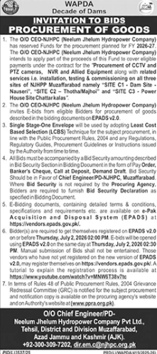 Invitation to Bids - Procurement of CCTV and PTZ Cameras, NVR and Allied Equipment for Surveillance & Security System at NJHP Sites - WAPDA Neelum Jhelum - Neelum Jhelum Hydropower Company (WAPDA)