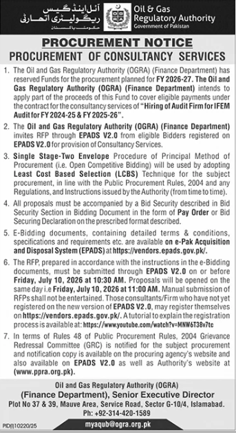 Procurement Notice - Procurement of Consultancy Services - Hiring of Audit Firm for IPEM Audit for FY 2024-25 & FY 2025-26 - OGRA - Oil and Gas Regulatory Authority (OGRA)