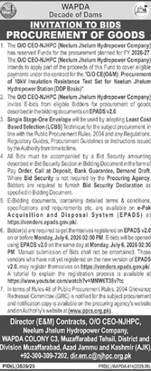 Invitation to Bids - Procurement of 19KV Insulation Resistance Test Set for Neelum Jhelum Hydropower Station (DDP Basis) - WAPDA Neelum Jhelum - Neelum Jhelum Hydropower Company (WAPDA)