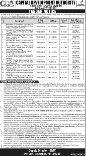 Tender Notice - 12x E&M Maintenance Works for Parliament House Islamabad - Replacement of AC, Illumination, Wiring, LED Lights, Electric Motor etc - CDA E&M Division - Capital Development Authority (CDA)