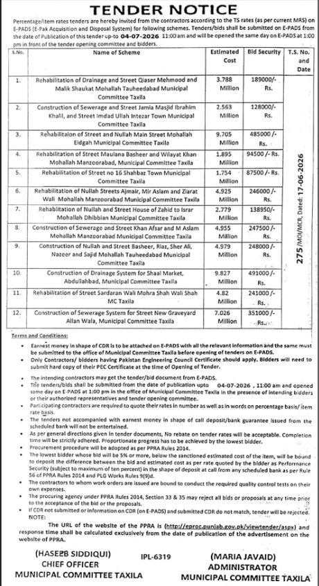 Tender Notice - 12x Rehabilitation/Construction of Drainage, Sewerage & Street Works - Municipal Committee Taxila - Municipal Committee Taxila