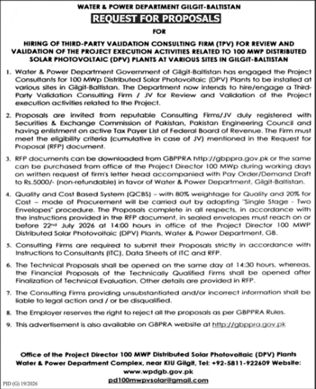 RFP - Hiring of Third-Party Validation Consulting Firm (TPV) for 100 MWP Distributed Solar PV Plants - Water & Power Dept GB - Water & Power Department Gilgit-Baltistan