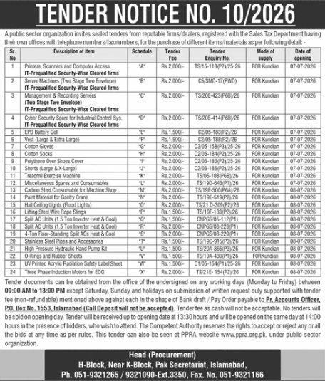 Tender Notice No. 10/2026 - 24x Items - IT Equipment, Servers, ACs, Paint, Cotton Gloves etc for Kundian - Public Sector Organization - Public Sector Organization