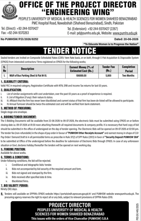Tender Notice - M&R of Bus Parking Shed & Flat M-SL - PUMHSW Engineering Wing Nawabshah - Peoples University of Medical & Health Sciences for Women (PUMHSW)