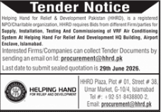 Tender Notice - VRF Air Conditioning System at Helping Hand for Relief & Development HQ Building Airport Enclave Islamabad - HHRD - Helping Hand for Relief & Development Pakistan (HHRD)