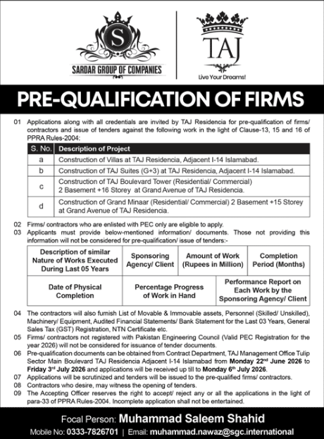 Pre-Qualification of Firms - Construction of Villas, TAJ Suites, TAJ Boulevard Tower, Grand Minaar at TAJ Residencia Islamabad - Sardar Group of Companies - Sardar Group of Companies - TAJ Residencia