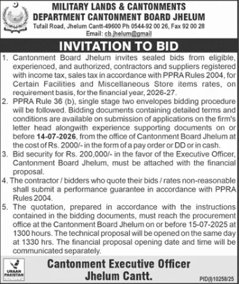 Invitation to Bid - Certain Facilities and Miscellaneous Store Items Rates for FY 2026-27 - Cantonment Board Jhelum - Cantonment Board Jhelum
