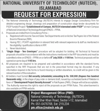 Request for Expression - Design Consultancy Firm for PSPC Funded Project "Establishment of Campus, NUTECH Islamabad under PSDP" - National University of Technology (NUTECH) - National University of Technology (NUTECH)