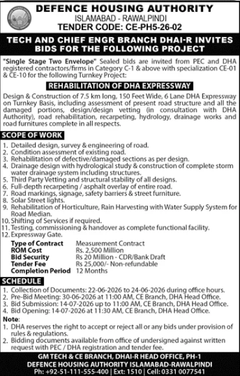 Tender Code: CE-PHS-26-02 - Rehabilitation of DHA Expressway - Design & Construction of 7.5 km Long, 150 Feet Wide, 6 Lane DHA Expressway on Turnkey Basis - Defence Housing Authority Islamabad-Rawalpindi - Defence Housing Authority Islamabad-Rawalpindi