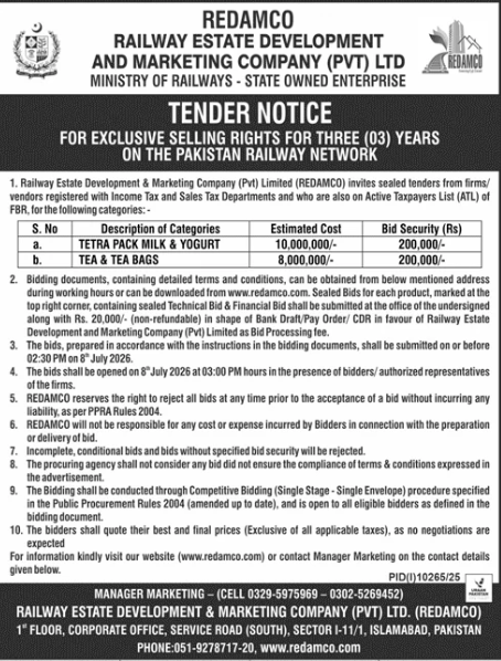 Tender Notice - For Exclusive Selling Rights for Three (03) Years on the Pakistan Railway Network - TETRA Pack Milk & Yogurt, Tea & Tea Bags - REDAMCO - Railway Estate Development & Marketing Company (REDAMCO)