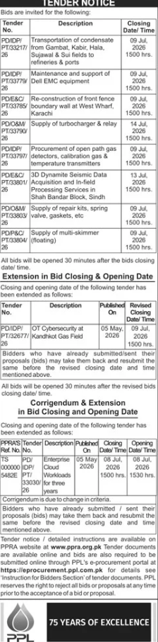 Tender Notice - 8x Tenders + 2x Extensions/Corrigendum - Transportation of Condensate, Maintenance of DELL EMC, Re-construction of Fence, Supply of Turbocharger, Path Gas Detectors, 3D Dynamite Seismic Data, Repair Kits, Multi-skimmer + OT Cybersecurity, - Pakistan Petroleum Limited (PPL)