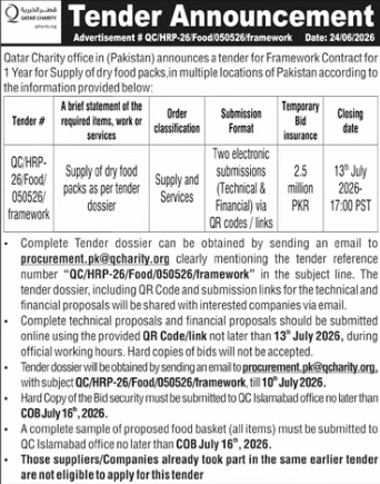 Tender Announcement - Framework Contract for 1 Year for Supply of Dry Food Packs in multiple locations of Pakistan - Qatar Charity - Qatar Charity