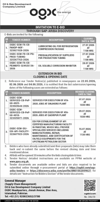 Invitation to E-Bid Through SAP-ARIBA Discovery - 3x New Bids + 3x Extensions - OGDCL - Oil & Gas Development Company Limited (OGDCL)
