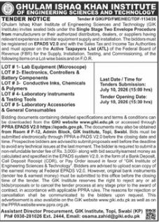 Tender Notice - GroupWise Tender 05/2026 - Lab Equipment (Microscope, Electronics, Conductive Inks, Laboratory Instruments, Laboratory Accessories) - GIK Institute - Ghulam Ishaq Khan Institute of Engineering Sciences and Technology (GIK)