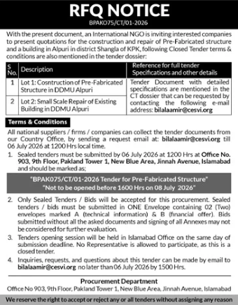 RFQ Notice - BPAK075/C/T/01-2026 - Construction of Pre-Fabricated Structure at DDMU Alpuri + Small Scale Repair of Existing Building at DDMU Alpuri - CESVI Pakistan - CESVI Pakistan