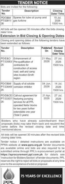 Tender Notice - 1x New Bid + 3x Extensions - PPL - Pakistan Petroleum Limited (PPL)
