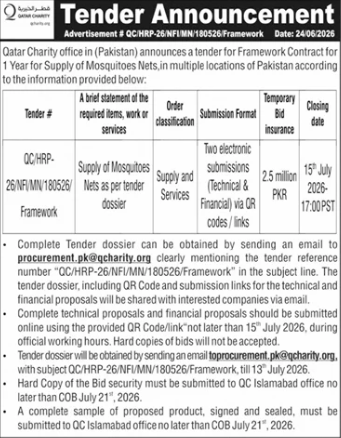 Tender Announcement - Framework Contract for 1 Year for Supply of Mosquito Nets in multiple locations of Pakistan - Qatar Charity - Qatar Charity