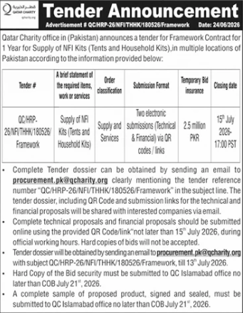 Tender Announcement - Framework Contract for 1 Year for Supply of NFI Kits (Tents and Household Kits) in multiple locations of Pakistan - Qatar Charity - Qatar Charity