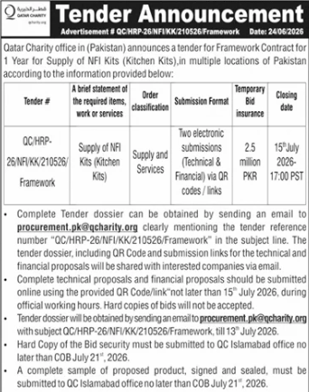 Tender Announcement - Framework Contract for 1 Year for Supply of NFI Kits (Kitchen Kits) in multiple locations of Pakistan - Qatar Charity - Qatar Charity
