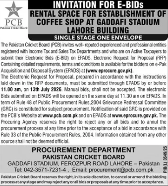 Invitation for E-Bids - Rental Space for Establishment of Coffee Shop at Gaddafi Stadium Lahore Building - Single Stage One Envelope - Pakistan Cricket Board (PCB) - Pakistan Cricket Board (PCB)