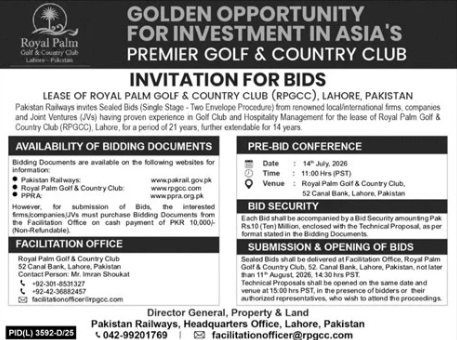 Invitation for Bids - Lease of Royal Palm Golf & Country Club (RPGCC), Lahore, Pakistan - Pakistan Railways - Pakistan Railways