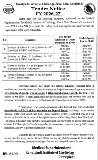 Tender Notice FY 2026-27 - Purchase of Medical & Lab Equipment, Plant & Machinery, Furniture for RIC Rawalpindi & NSCC Samli Murree - Rawalpindi Institute of Cardiology - Rawalpindi Institute of Cardiology