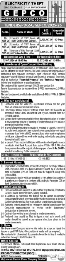 Tender Notice - 3x Works - Extension of 11kV Room at 132kV Grid Station Gujrat-I, Gujrat-II, Gujrat Jala Pur Jattan - GEPCO - Gujranwala Electric Power Company (GEPCO)