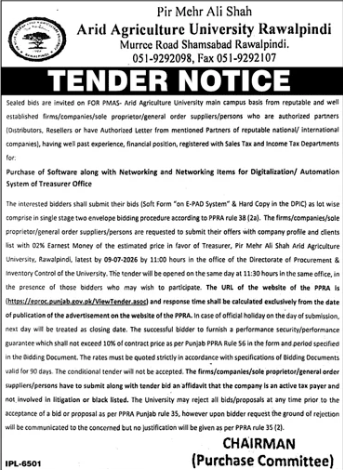Tender Notice - Purchase of Software along with Networking and Networking Items for Digitalization/Automation System of Treasurer Office - Pir Mehr Ali Shah Arid Agriculture University Rawalpindi - Pir Mehr Ali Shah Arid Agriculture University Rawalpindi