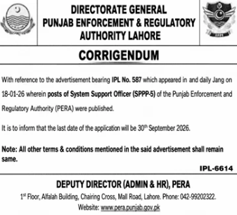 Corrigendum - Extension in Last Date for Posts of System Support Officer (SPPP-5) - Directorate General Punjab Enforcement & Regulatory Authority Lahore - Directorate General Punjab Enforcement & Regulatory Authority (PERA)