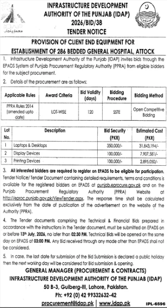 Tender Notice 2026/BID/38 - Provision of Client End Equipment for Establishment of 286 Bedded General Hospital, Attock - IDAP - Infrastructure Development Authority of the Punjab (IDAP)