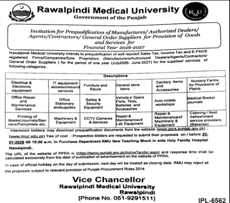 Invitation for Prequalification of Manufacturers/Authorized Dealers/Agents/Contractors/General Order Suppliers for Provision of Goods and Services for Financial Year 2026-2027 - Rawalpindi Medical University - Rawalpindi Medical University