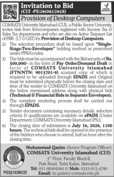 Invitation to Bid - CUI-FS/26(06/2659) - Provision of Desktop Computers - COMSATS University Islamabad (CUI) - COMSATS University Islamabad (CUI)