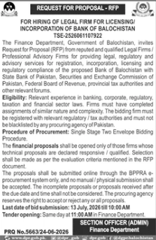 Request for Proposal - RFP - For Hiring of Legal Firm for Licensing/Incorporation of Bank of Balochistan TSE-2526061107932 - Finance Department, Government of Balochistan - Finance Department, Government of Balochistan