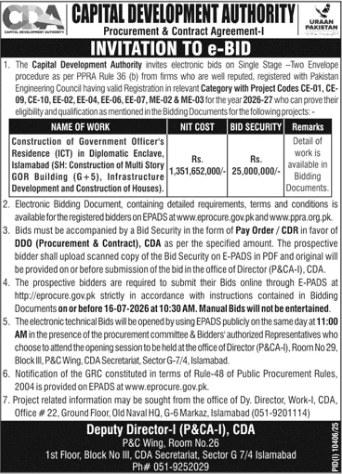 Invitation to e-Bid - Construction of Government Officers Residence at Diplomatic Enclave Islamabad (SH: Construction of Multi Story GOR Building G+5), Infrastructure Development and Construction of Houses - Capital Development Authority (CDA) - Capital Development Authority (CDA)